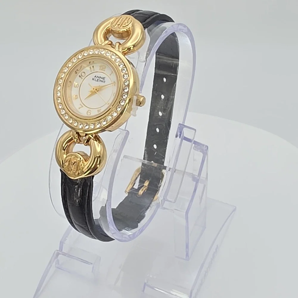 Vtg ANNE KLEIN II Ladie's Watch Women's Crystal Studded Gold Plate Leather 7.25